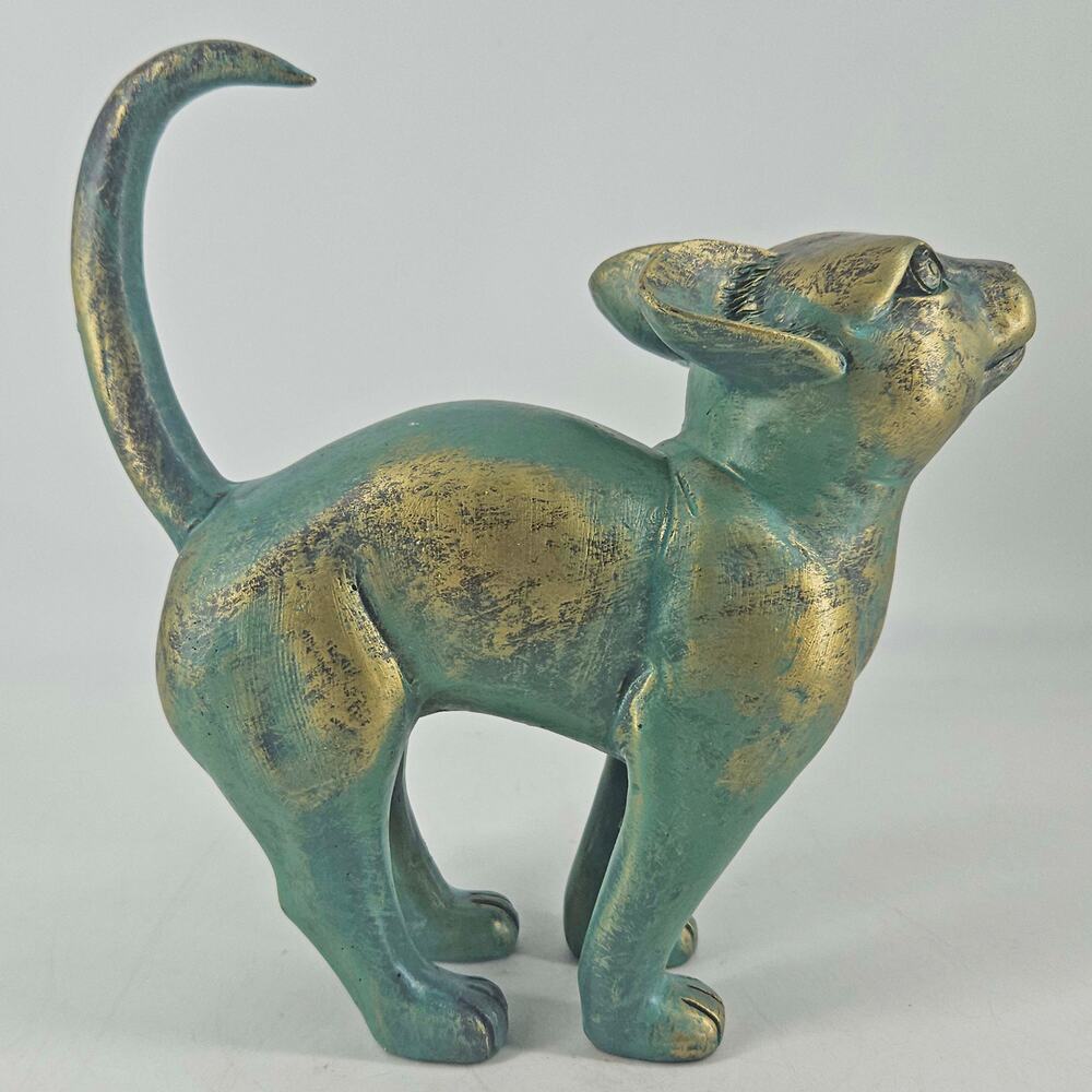 Silly cat bronze patina color verdigris green kitten figurine
